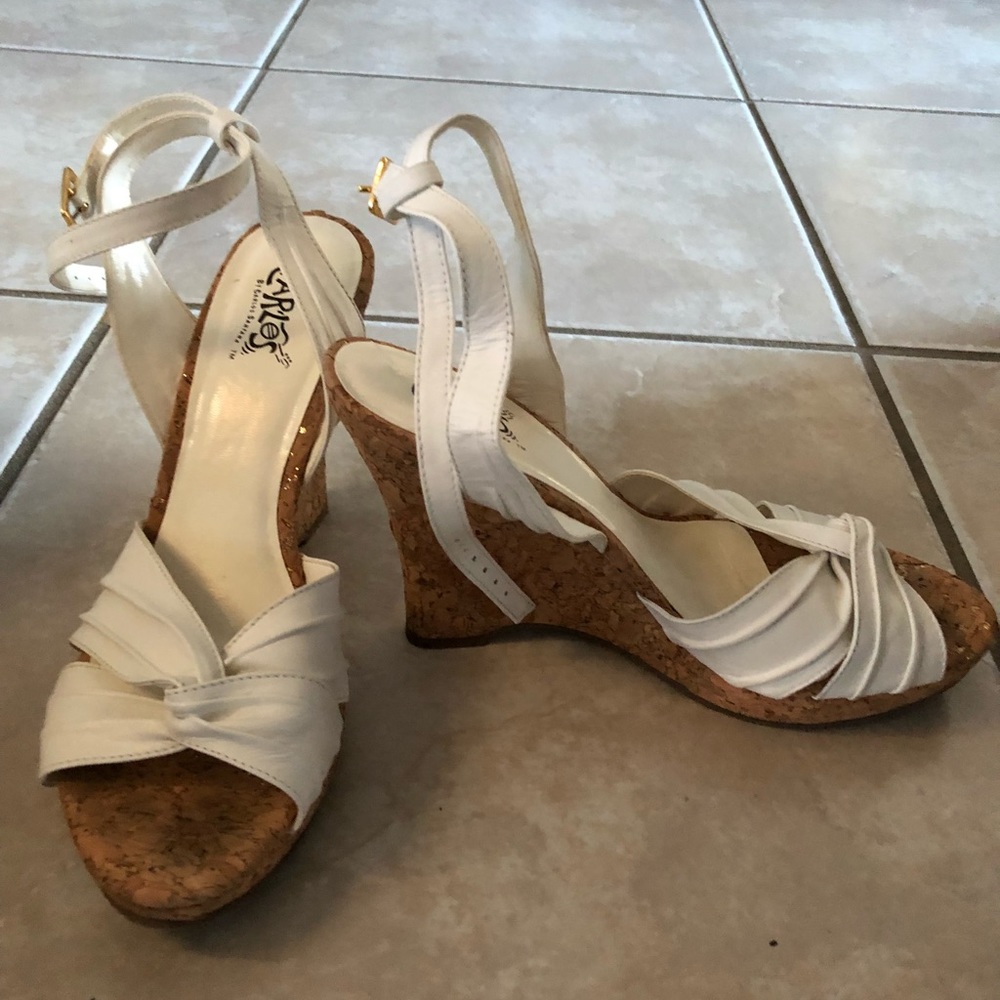 Carlos Santana white cork wedge sandals